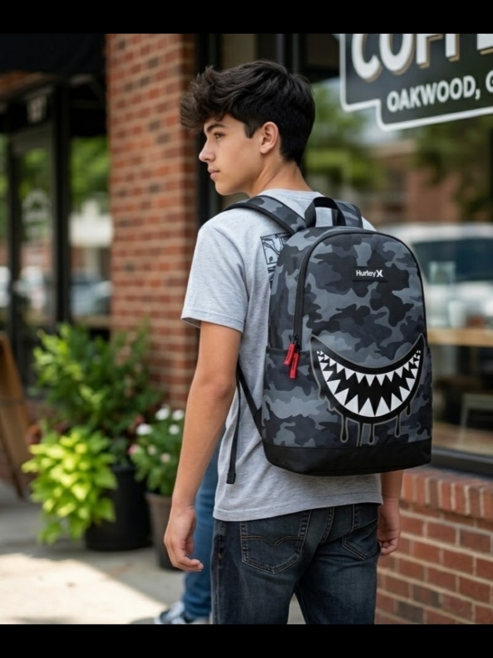 NEW! Hurley Gray & Black Camo Backpack with Graphic Shark Design NWT